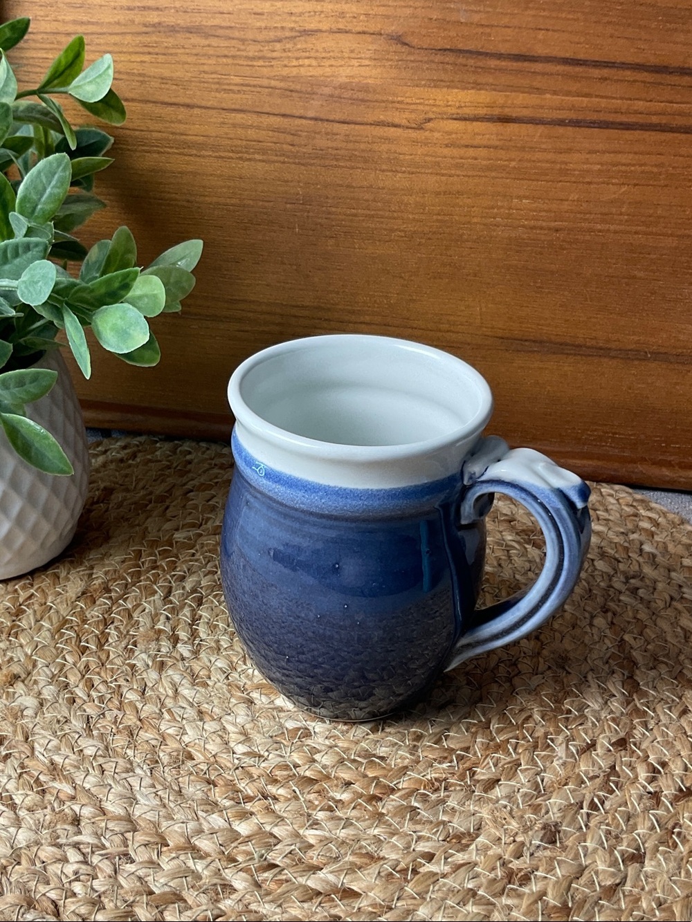 Signed Bruning Studio Pottery Mug Blue Stoneware Artisan Coffee Cup Handmade